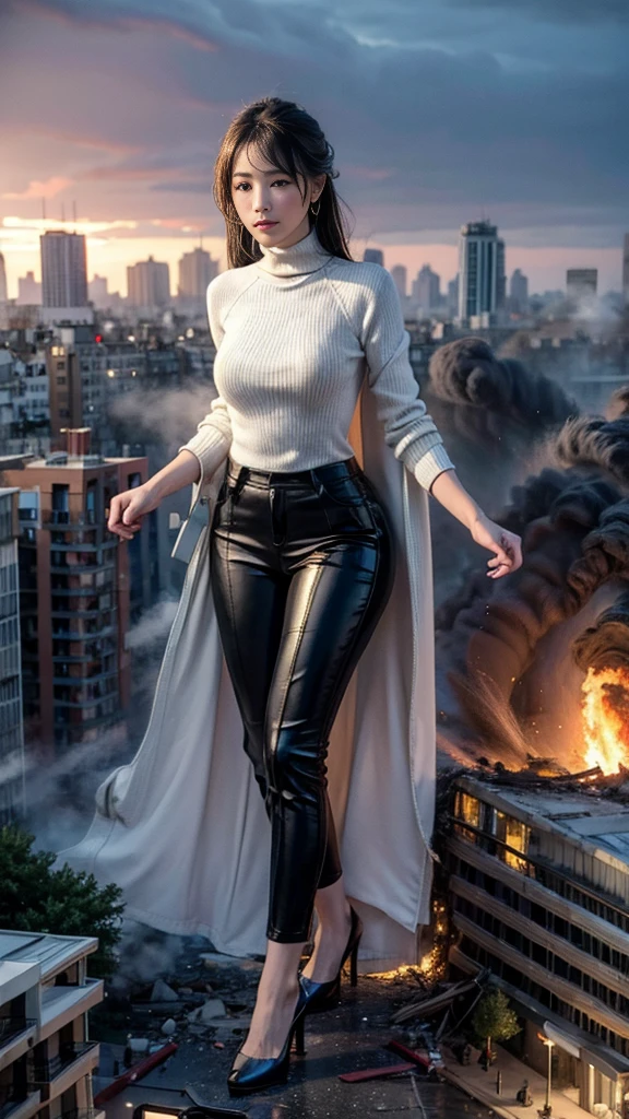 (32k, High resolution, highest quality, masterpiece, 超High resolution), (((Giantess Elements, Typhoon heavy rain))), From above, Perfect dynamic composition:1.2, (Modern city at night, Expressions of sadness:0.7), Highly detailed skin and facial textures:1.2, ((Towering Giant Young Woman:1.0, Higher than skyscrapers:1.0, 400,000 feet high:1.5, Incredibly slim body:1.0)), Fair skin, Sexy beauty, Very beautiful face, , Water droplets on the skin, (The rain drips down on my body:0.5, Wet body:0.5, Wet Hair:0.5), (Wet linen pants:1.0, Wet turtleneck sweater:1.0), Shapely breasts, Chest gap, Big eyes that exude beautiful eroticism, Lips that exude beautiful eroticism, necklace, Earrings, bracelet, wedding ring, Shoulder bag, clock, ribbon, High heels, Full body portrait, ((Destroy a small city, Burning Small Town, rubble, Destroyed small building, Collapsed highway, Evacuated Residents)), ((Major impact, Emphasizing the majesty and power of giants, Increase the destructive element, Lower the building, Making cities smaller))