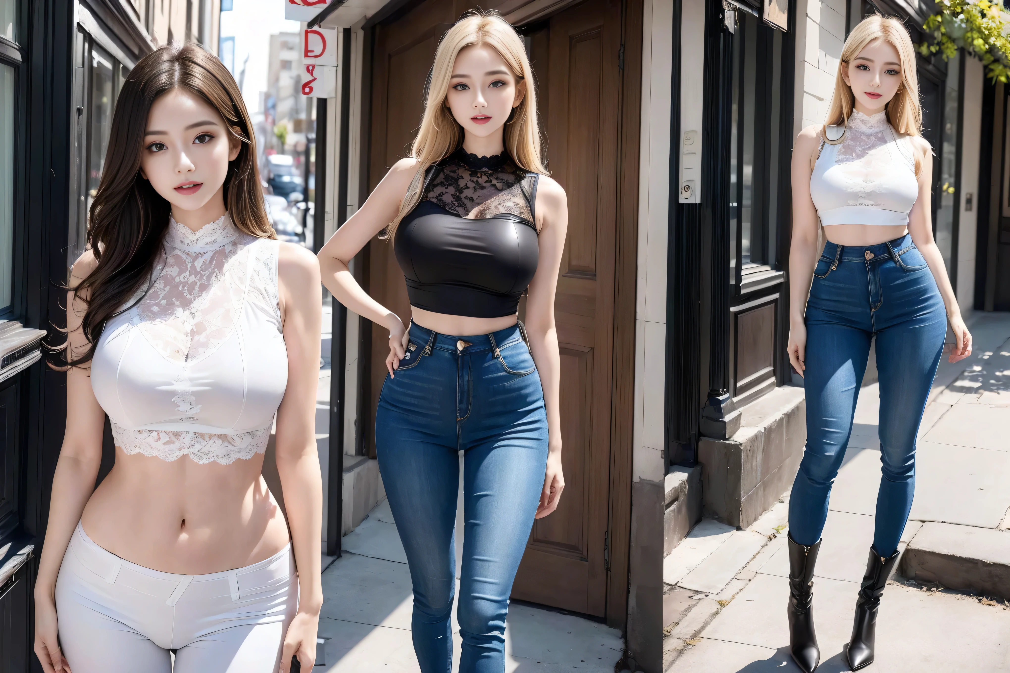 ((Realistic lighting, best quality, 8K, masterpiece:1.3)), (Lock focus:1.2), (2 busty girls),(Beautiful woman with perfect figure:1.4), : 2 beautiful Korean girls, Korean pop idol，Leg length，(Pale skin), (big eyes),（Smile：0.8），（Plump and sexy lips）， Complex and detailed face, ((Super delicate skin))，Delicate face，Ultra-thin face，Fine Eyes，Double eyelids，((blonde)), (White lace underwear:1.4）,Background Shibuya street，emphasize，Ultra-thin face，Fine Eyes，Double eyelids，（Start from below：1.attitude，（Mid-chest：1.2），Sexy long legs， （Thigh gap：1.5），Wide hips，S-Shaped Body，Vest line， Hips lifted，Leg length，Skinny denim trousers，Shooting from the front，Body proportions，Over-the-knee leather boots，