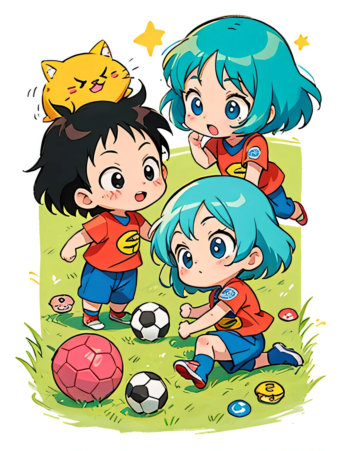 Akira Toriyama style, Kawaii Design, Chibi, Soccer together、Lots of friends