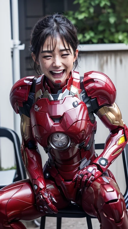 最high quality　8k Iron Man Suit Girl、、、Kindergarteners、　Hyperrealism, Super Detail, high quality, Anatomically correct, 16k, High resolution, Textured skin、Short Hair、boyish、、Sweaty、Red and Black　Spread your legs wide　I can see the vagina　Sit on a chair　short hair　Black Hair　Drooling from the mouth　Look Up　profile　Sweat dripping　burning　Smiling expression　Soaking wet　Steam from the head