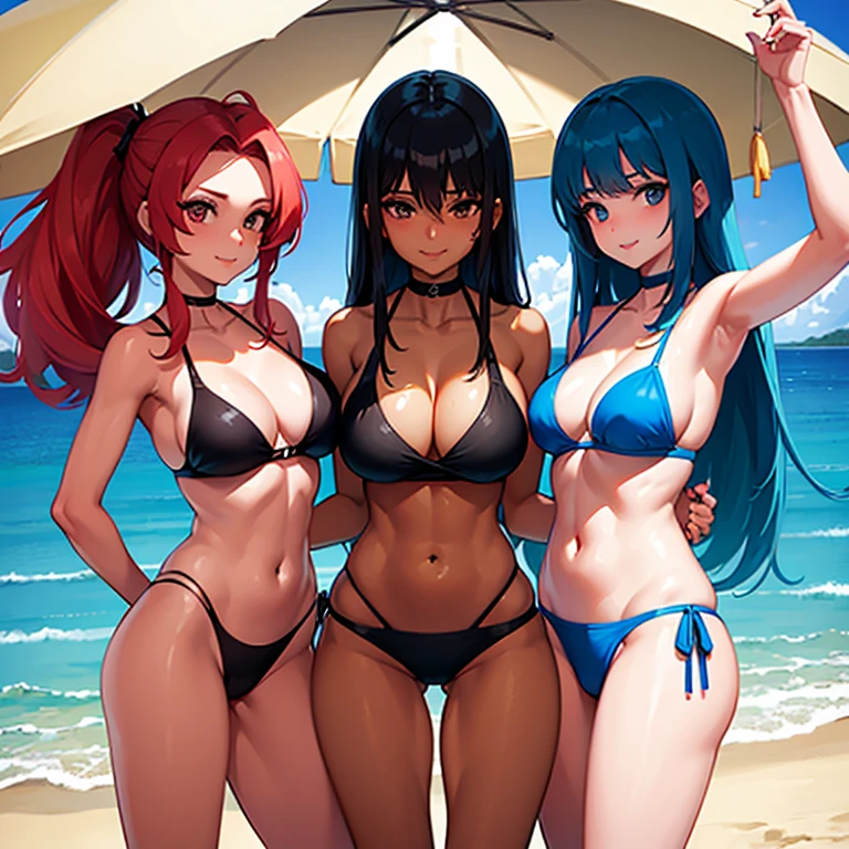 3 mujeres hermosas de pechos grandes en la playa, vistiendo de bikini, posing for the camera , cabello largo color rojo, cabello corto color negro, ojos azules