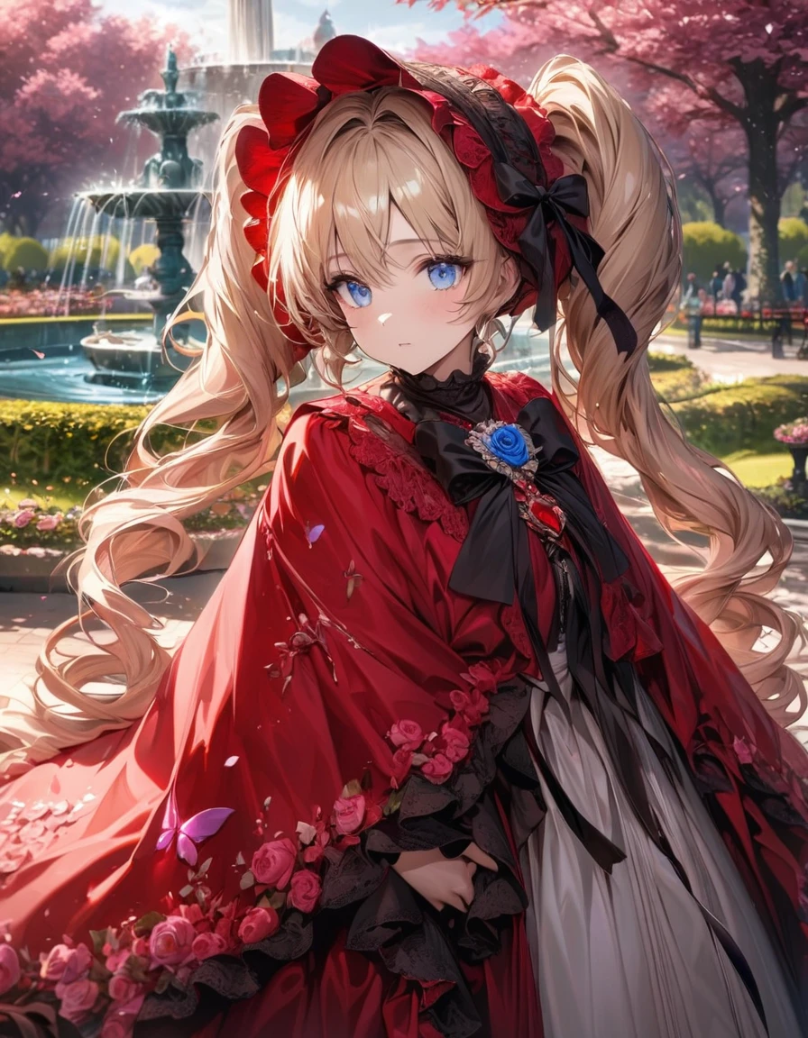absurdres, highres, ultra detailed, HDR, master piece, ultra detailed picture, extremely detailed face and eyes, Shinku, light blonde hair kept in two twin tails tied at the back of her head, expressive blue eyes, Maiden Rose, solo, woman, extremely beautiful, pink flowers, park, fountain, pink trees, pink butterflies, she wears a red gown with a matching shawl and bonnet as accessories, her bonnet is fastened with a black ribbon, which is tied into a bow at her neck and held in place with a red rose brooch