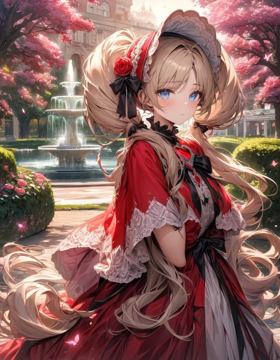 absurdres, highres, ultra detailed, HDR, master piece, ultra detailed picture, extremely detailed face and eyes, Shinku, light blonde hair kept in two twin tails tied at the back of her head, expressive blue eyes, Maiden Rose, solo, woman, extremely beautiful, pink flowers, park, fountain, pink trees, pink butterflies, she wears a red gown with a matching shawl and bonnet as accessories, her bonnet is fastened with a black ribbon, which is tied into a bow at her neck and held in place with a red rose brooch