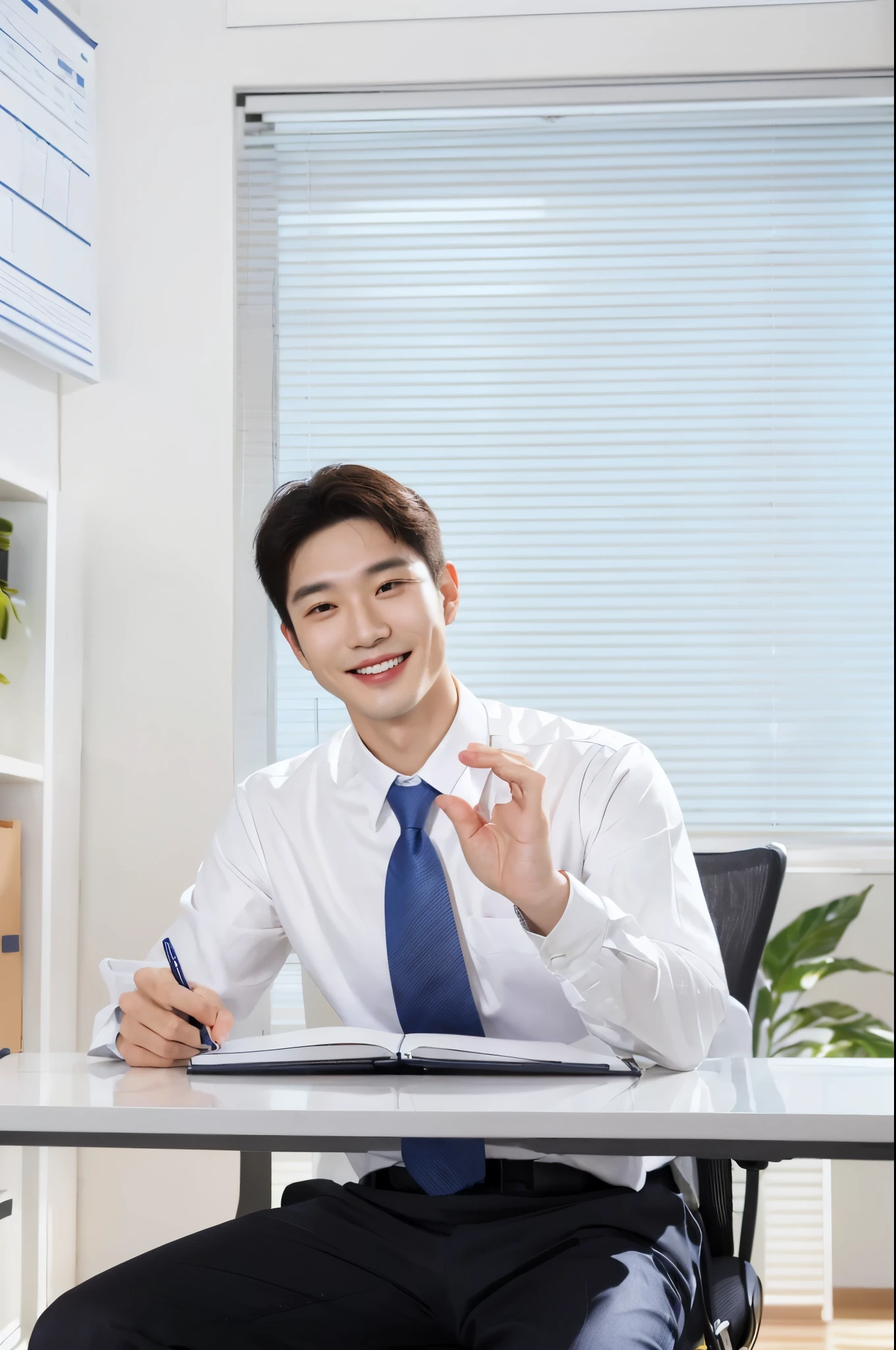 smiling man in white shirt and tie sitting at desk with notebook and pen, well lit professional photo, sitting at desk, in an action pose, in an office, working in an office, sitting at a desk, being delighted and cheerful, in office, south korean male, giving an interview, with a happy expression, sitting at his desk, confident action pose