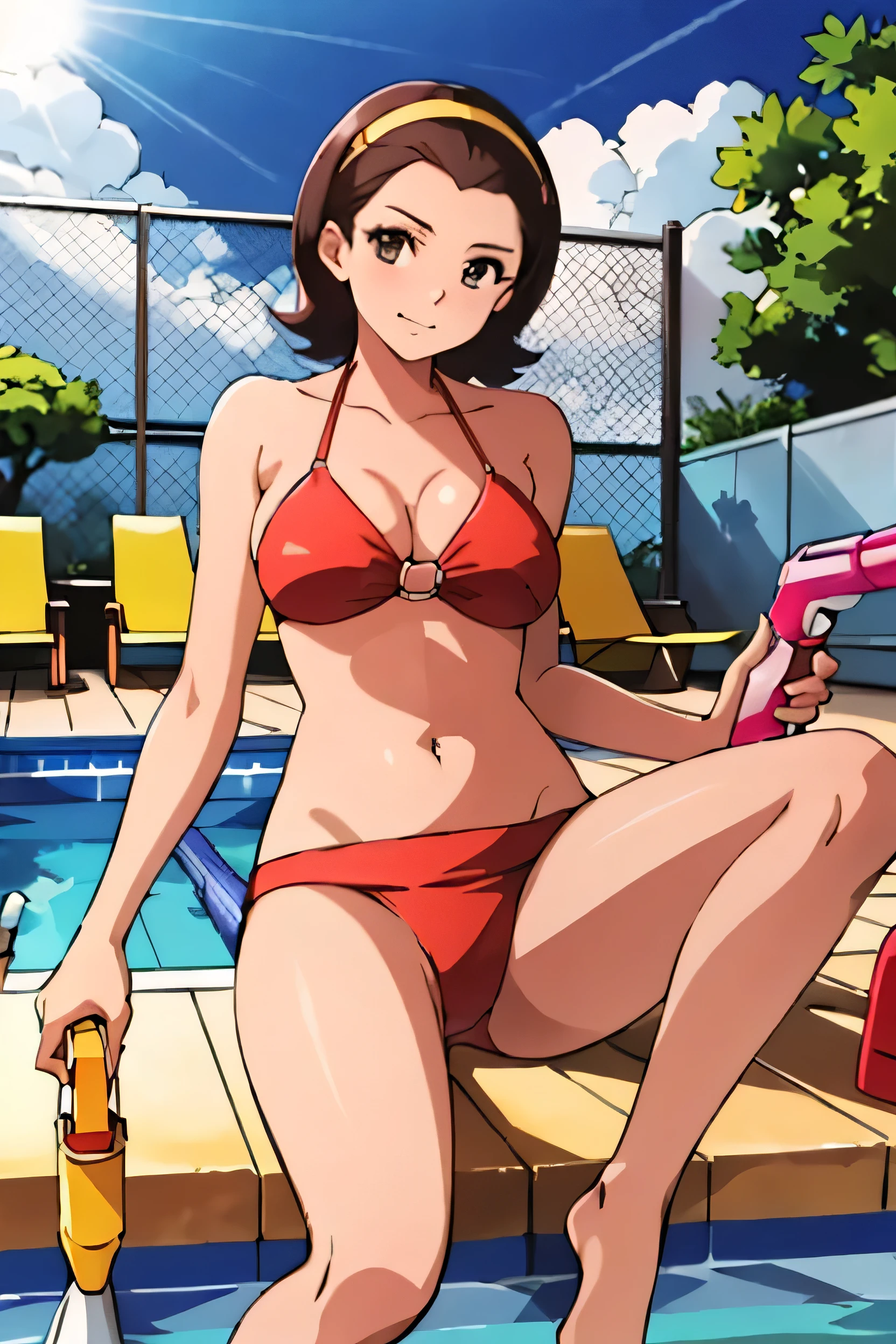 masterpiece, 最high quality, alone,One girl,View your viewers,Outdoor, Look at her, Great environment, Very detailed, high quality, summer, Bright sun, Pool, bikini, White ruffled swimsuit, Jump. A stick holding a water gun