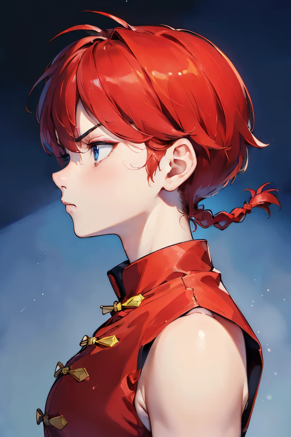 ((masterpiece:1.4)), high quality, very_high_resolution, large_filesize, full color, heavy outline, clear outline, colorful, (beautiful detailed eyes), ((beautiful face:1.0)), ((boyish face:1.4)), 1 girl, (femaleranma), (red hair), short hair, (braided ponytail), ((bangs)), bumpy bangs, blue-gray eyes, big breasts, curvy, femaleranma, braided ponytail, (red chinese clothes), sleeveless, tangzhuang, black pants, cameltoe, standing, upper body, ((side view:1.4)), ((portrait:1.8)), ((face focus:1.4)), (angry),