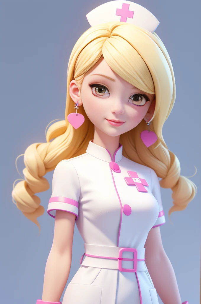 3d characters,earrings,(Whole body love:1.2),Simple background, masterpiece,best quality,(White background:1.1), masterpiece,best quality at best,Blonde female nurse,Wear gloves when going to the hospital,White nurse