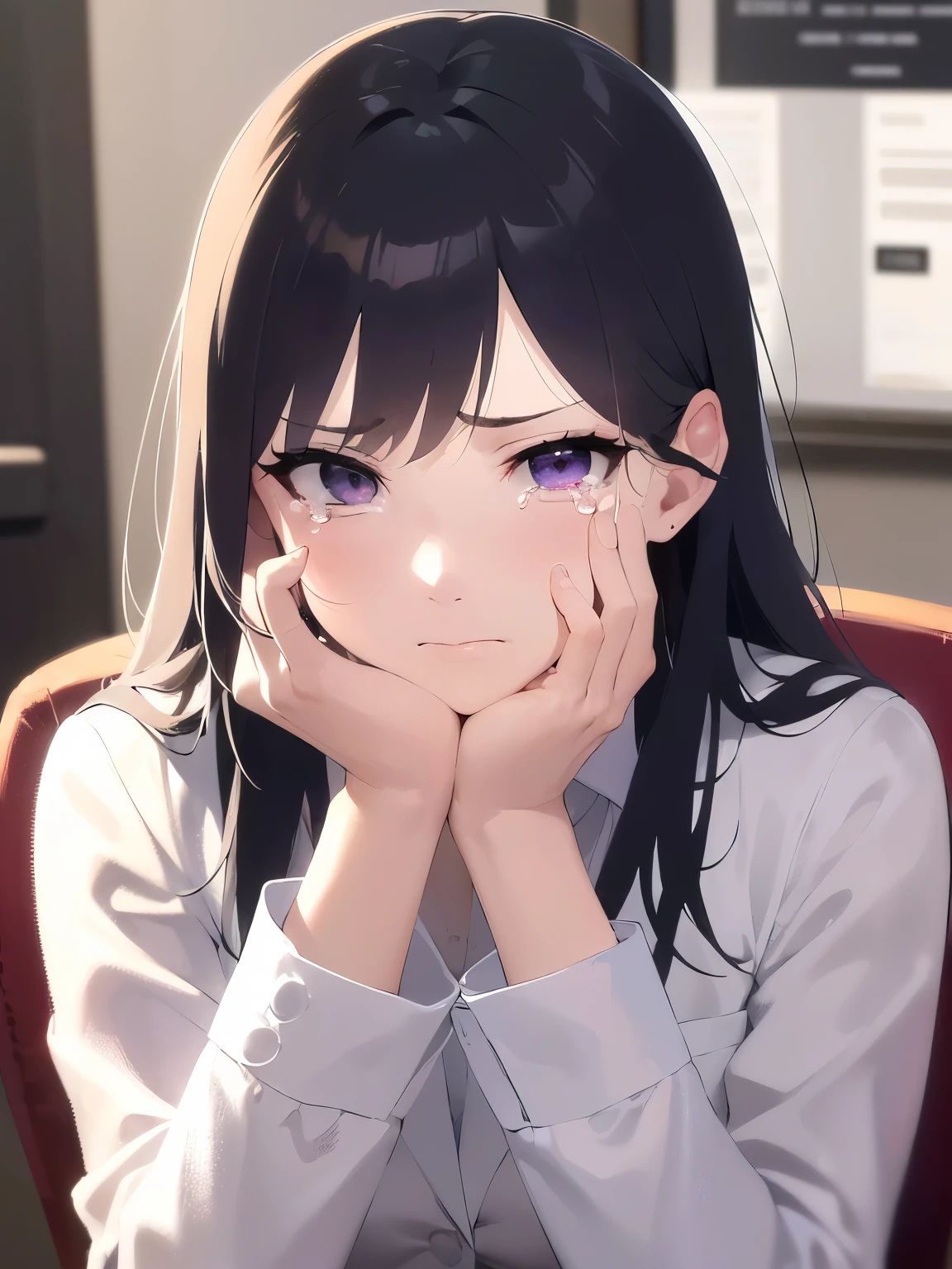 Placing hand on face、Biologically correct five fingers、Real person, (Pale skin: 1.2), RAW Photos, Realistic, Portrait Photography, Shiny skin, Shiny Hair、(A 25-year-old woman with straight hair and bangs) and (medium hair) and (black hair) and (purple eyes) , (business suit:1.8) and(White collared shirt), , (annoyed, tears:1.3), hotel、Sitting in a chair