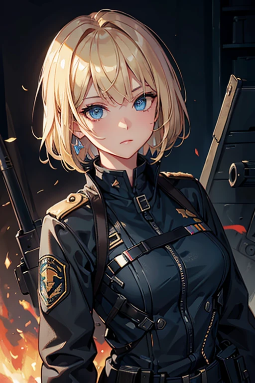 Ultra-detailed, master_piece, Top_quality, 1_beautiful_girl, commander, army, tank_crew, Very_beautiful_face, military uniform, black_jacket, very beautiful_eyes, blue_eyes, even_eyes, blonde_bob_cut_hair, bangs, Garrison_Cap, goggles, headset, hoilding_binoculars, stick_from_tank_turret