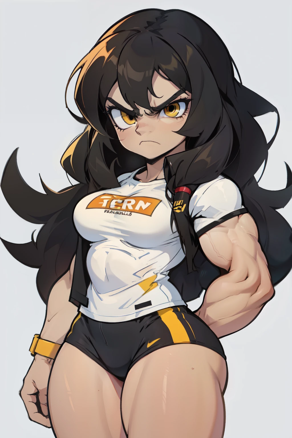 ((1girl)) pale skin large breasts (muscular) toned body thick thighs black hair yellow eyes (long hair grey background) bodybuilder angry tight shirt