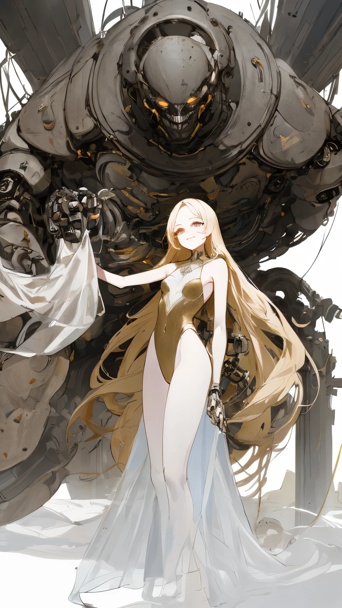 masterpiece， highest quality， Observe the audience， length Hair， Fresh， （Straight Hair：0.7），
White Theme， （（（（Grey Ruins，）））），Human whole body，Sheer leotard，Front view，Golden Eyes，Bright pupils，length, 真っ白なStraight Hair，Small breasts、A light smile，（Full Shot），Ultra-high resolution，Accurate，Very detailed，Awards，Attention to detail，highest quality，8k、High Leg、Mysterious、Quiet abandoned cityscape、mechanical、Beautiful Abuscular、See-through、