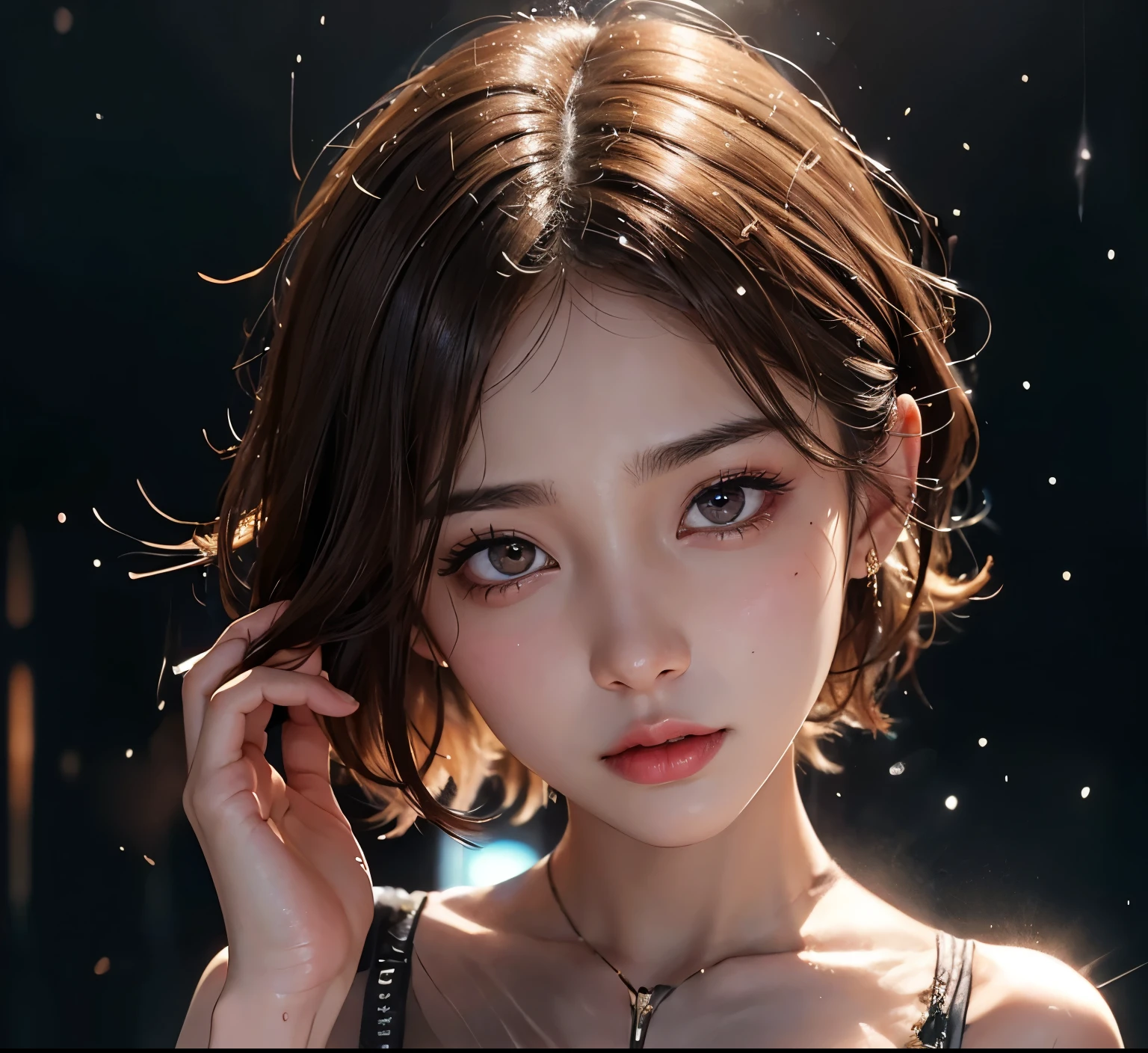girl, brown hair, short hair, beautiful face, high detailed real eye, high quality pupil, double eyelid, high detailed real skin, high quality skin, sweaty skin, wet skin, professional lighting, real shadow, masterpiece,