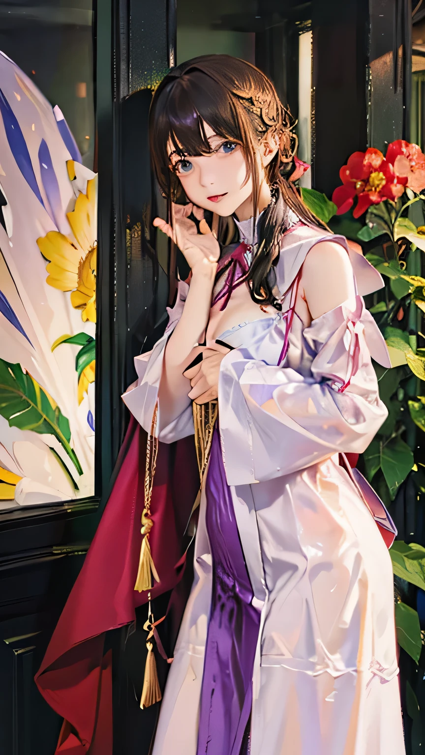 (highest quality, High resolution), Glowing Eyes, Delicate facial features, Vibrant colors, Dreamy atmosphere, Fantasy Theme, Floral Background, Graceful Movement, Detailed clothing, loose fitting dress, Elegant fashion, Magic lighting, Mysterious Aura, Heavenly Beauty, Magic thread, Whimsical elements,Big Breasts、Red attire、Colorful costumes、lingerie、Purple outfit