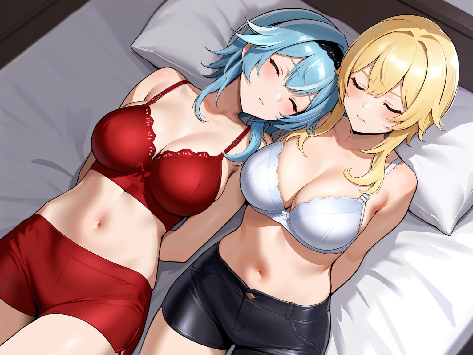 score_9, score_8_up, source_anime, in bed, red dress, 2girls, navel, top view, sleeping, wearing dress, closed eyes, indoors, arms behind back, shorts, knotted bra, large breasts, bra, rating:safe, arms behind back, ikuchan, BREAK, eula, eula from genshin impact, blue hair, short hair, BREAK, lumine, blonde hair, long hair, medium breasts, bird's eye view