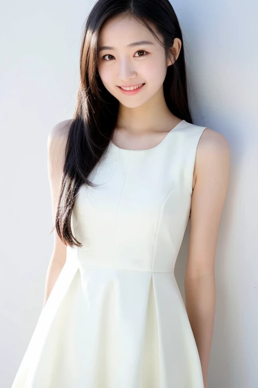 Beautiful and very young cute Japanese woman, inorganic Snow White background, natural skin, cute smile with closed mouth, neat long straight black hair, forehead visible, face that looks young, , short stature, sleeveless dress, natural Skin, standing tall, full body photo, serious and honor student atmosphere, correct posture, upper body