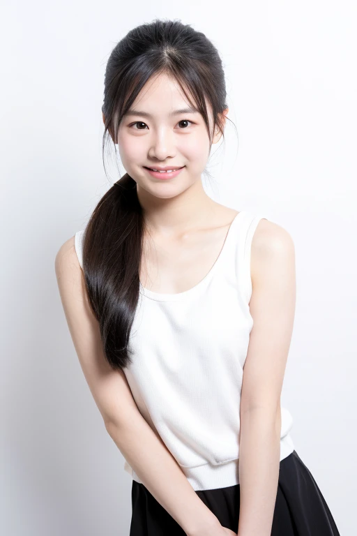 Beautiful and very young cute Japanese woman, inorganic Snow White background, natural skin, cute smile with closed mouth, neat long straight black hair, forehead visible, face that looks young, , short stature, sleeveless dress, natural Skin, standing tall, full body photo, serious and honor student atmosphere, correct posture, upper body