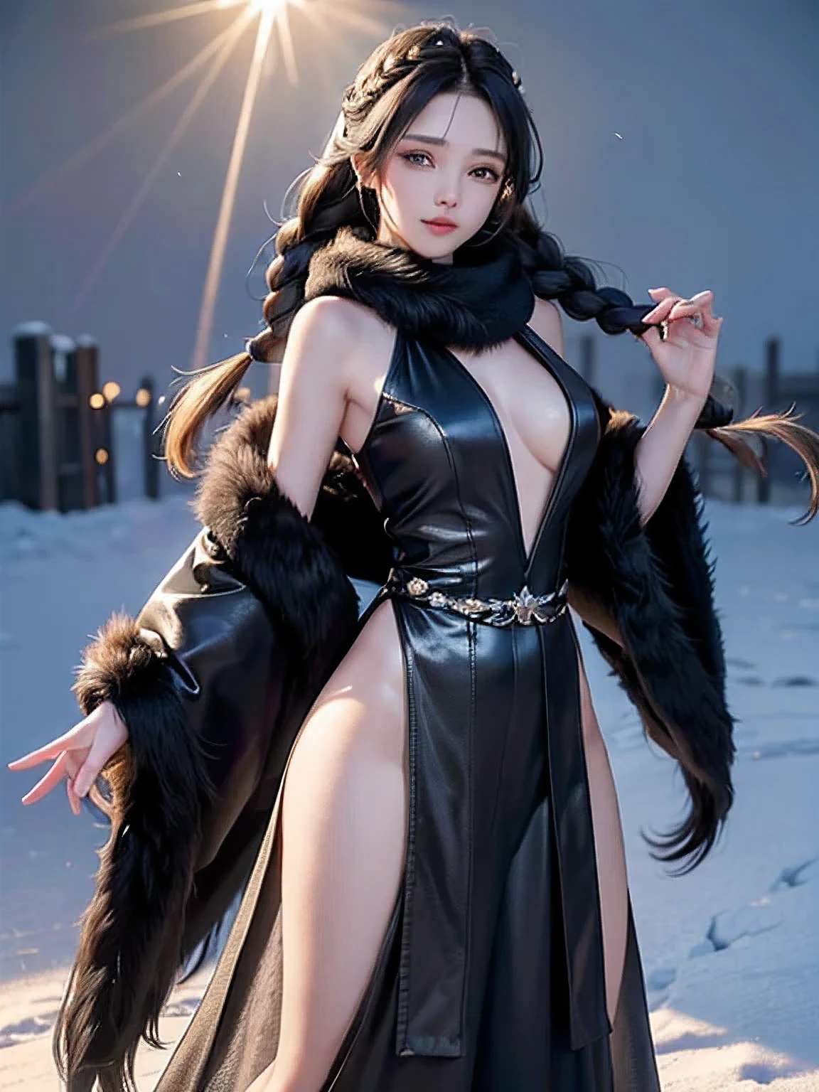 ((masterpiece:1.5、8k、Tabletop、Photorealistic and very detailed CG、Very detailed、Particle Effects、Dynamic Effects、Written boundary depth、Cinematic Light、Lens flare、Ray Tracing、Tabletop、Realistic:1.4、超A high resolution:1.2、Realistic、Realistic))((alone、,A woman wearing a black fur coat over a halter dress:1.4、Wearing a long scarf、Elegant woman posing:、Detailed face、Bright expression、young, Brighter, Whiter skin、Ample breasts、Best Looks、Ultimate beauty、Silver hair with shiny highlights、Bright shiny hair,、Super long, Very long and thick braids、Hair dancing in the wind))(morning、The setting is outdoors in the snow、Surrounded by illuminations)
