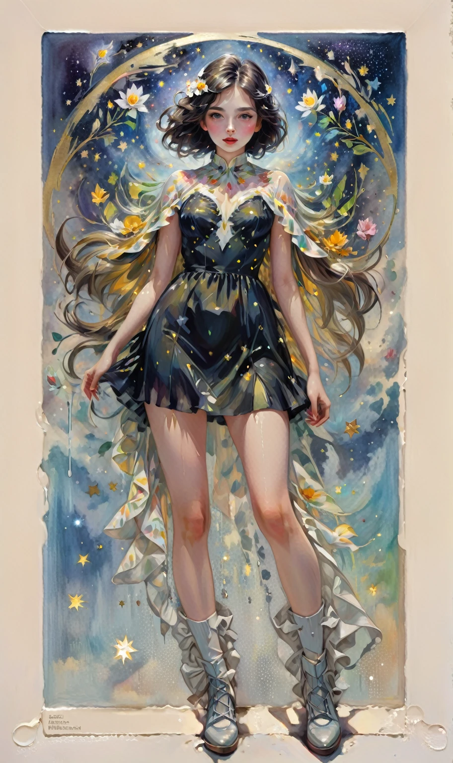 (best quality,actual,high resolution:1.2),pastel tones, painting,Impressionist strokes,from cubism, Fauvism to Surrealism and Abstraction, Beautiful and delicate eyes of a woman,Beautiful and delicate lips,flowing hair, Their artistic concepts and patterns are reflected in the clothing design.starry sky background, High quality, masutepiece, watercolor paiting, Cleaning technology, Colorful, Paint dripping and scattered, Paintings like Agnes Cecil, Blurry, Pale touch, Dirty outlines, Like in a fairy tale, Beautiful woman made of flower coloring, Feminine expression using flowers and plants, Cut and combine petals and leaves, Using flower colors and shapes to draw women's hair or dresses, Bright colors and nature, luminism, 3D Effects, Enhanced beauty, Albert Anker, Feel like John Howe, Greg Rutkowski, ArtGerm, wlop, luminism, isometric, by Yukisakura, awesome full color,