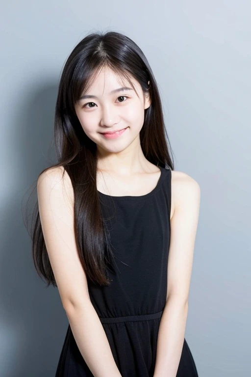 Beautiful and very young cute Japanese woman, inorganic Snow White background, natural skin, cute smile with closed mouth, neat long straight black hair, forehead visible, face that looks young, , short stature, sleeveless dress, natural Skin, standing tall, full body photo, serious and honor student atmosphere, correct posture, upper body