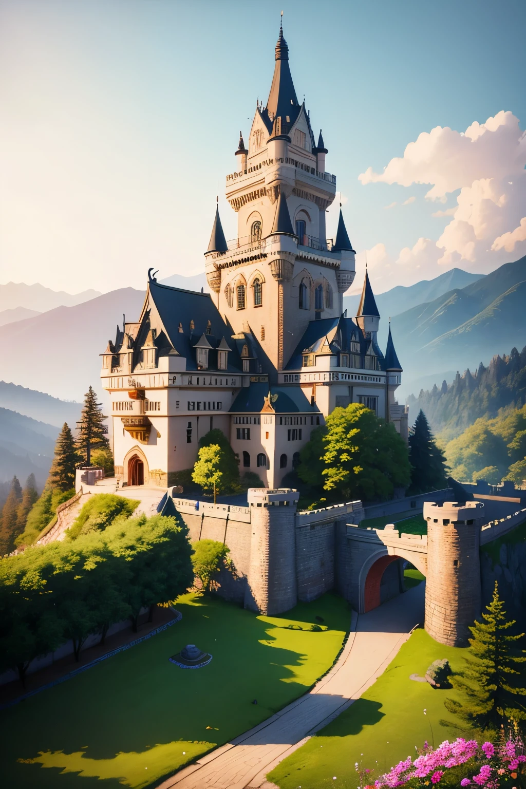 Dream Castle,Close-up of the castle,There are many flowers in the foreground, Magic Castle school on a hill, Beautiful castle, Magic Castle, Medieval fantasy town, Castle Background, fairytale place, 美丽而细致的fantasy, Fairy tale style background, fantasy很详细, Beautiful fairy tale, Feiyun Castle, fantasy,charming