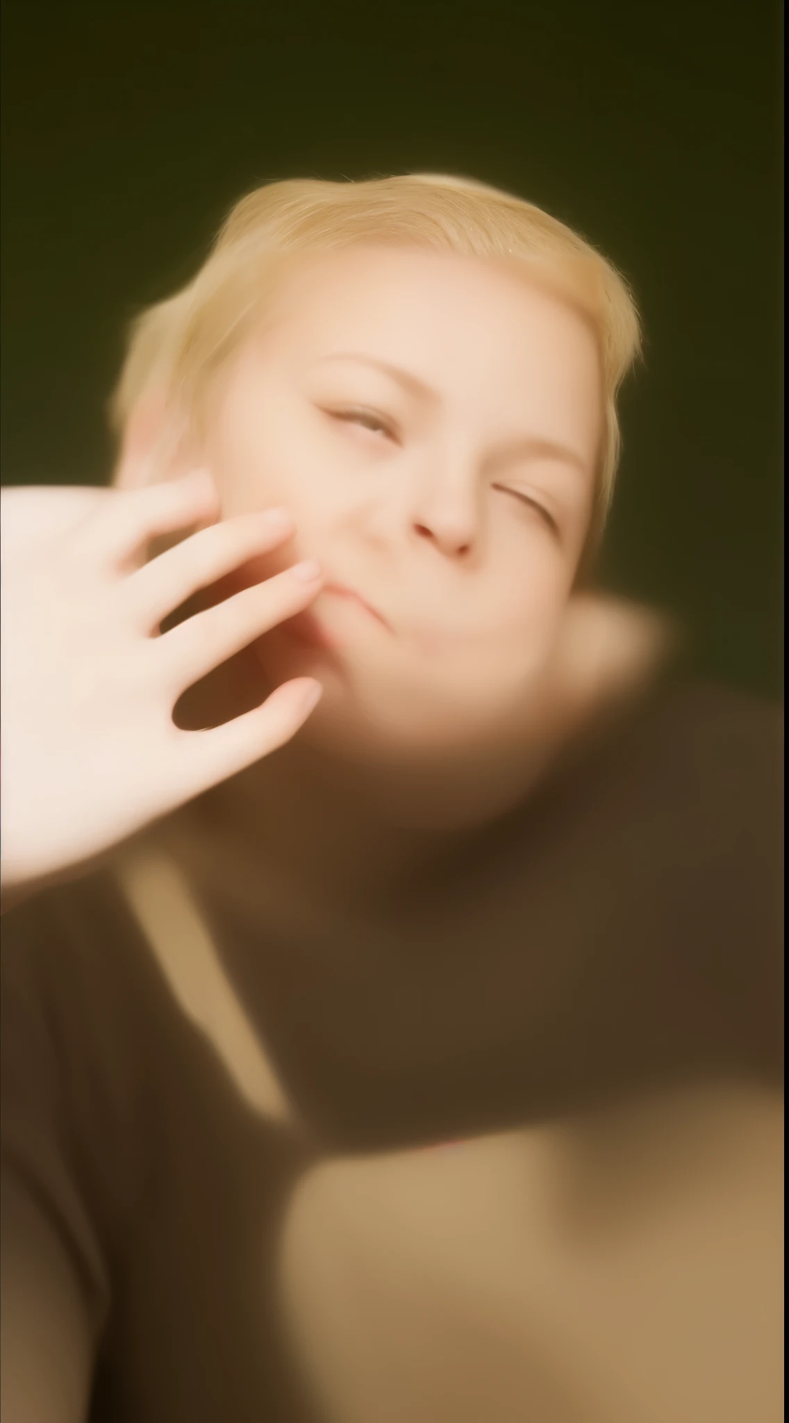 A boy, childish, blonde green gradient, with hands
