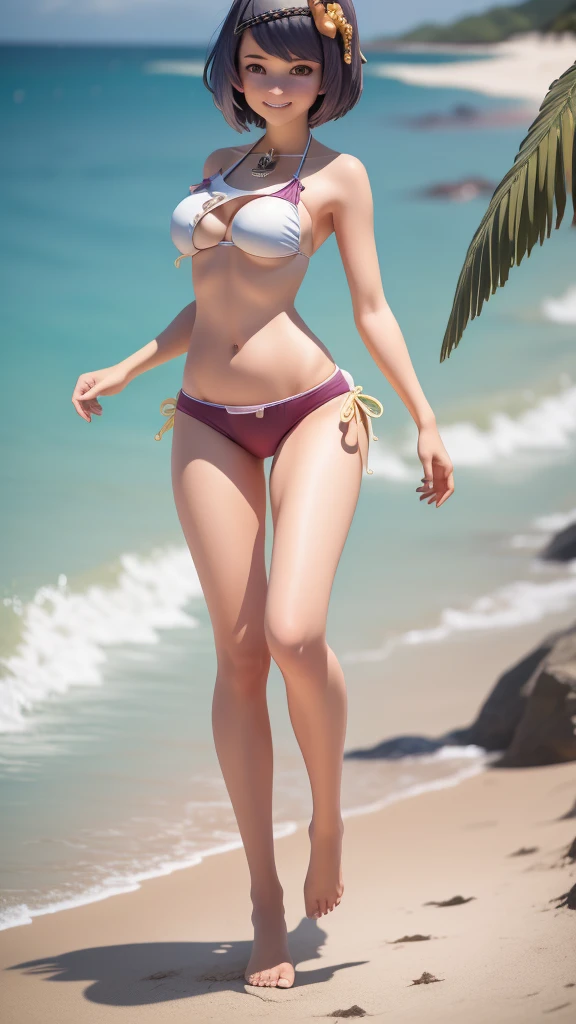 (Masterpiece), (Best Quality), (Ultra-detailed), (Full Body: 1.2)  Girl, Light and Detailed, Clear Smile, Full Body, Short Hair, Beach, (((Bikini))), barefoot.