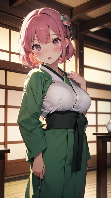 masterpiece、highest quality、Very detailed、Photograph the upper body、1 female、(Put your arms behind your back:1.2)、Are standing、Turn your body forward、View your viewers、(green Japanese kimono waitress)、break,blush、shy、Pink Hair、Open your mouth、Japanese Restaurant、Big Breasts、