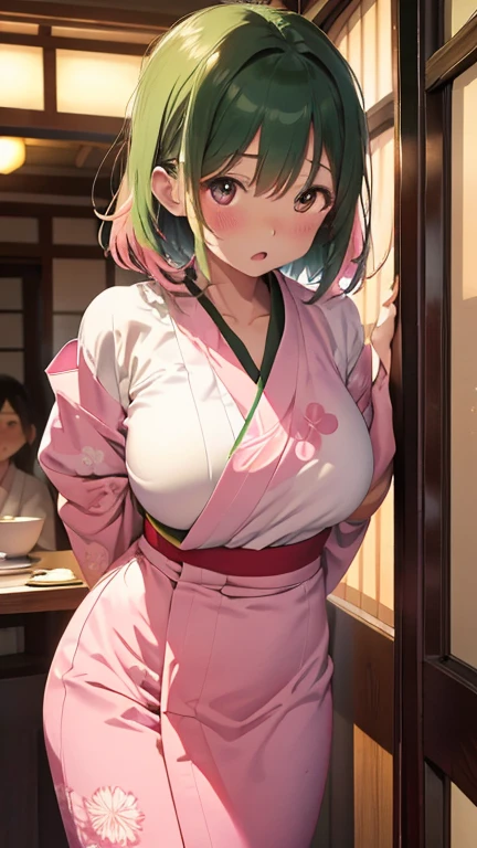 masterpiece、highest quality、Very detailed、Photograph the upper body、1 female、(Put your arms behind your back:1.2)、Are standing、Turn your body forward、View your viewers、(green Japanese kimono waitress)、break,blush、shy、Pink Hair、Open your mouth、Japanese Restaurant、Big Breasts、