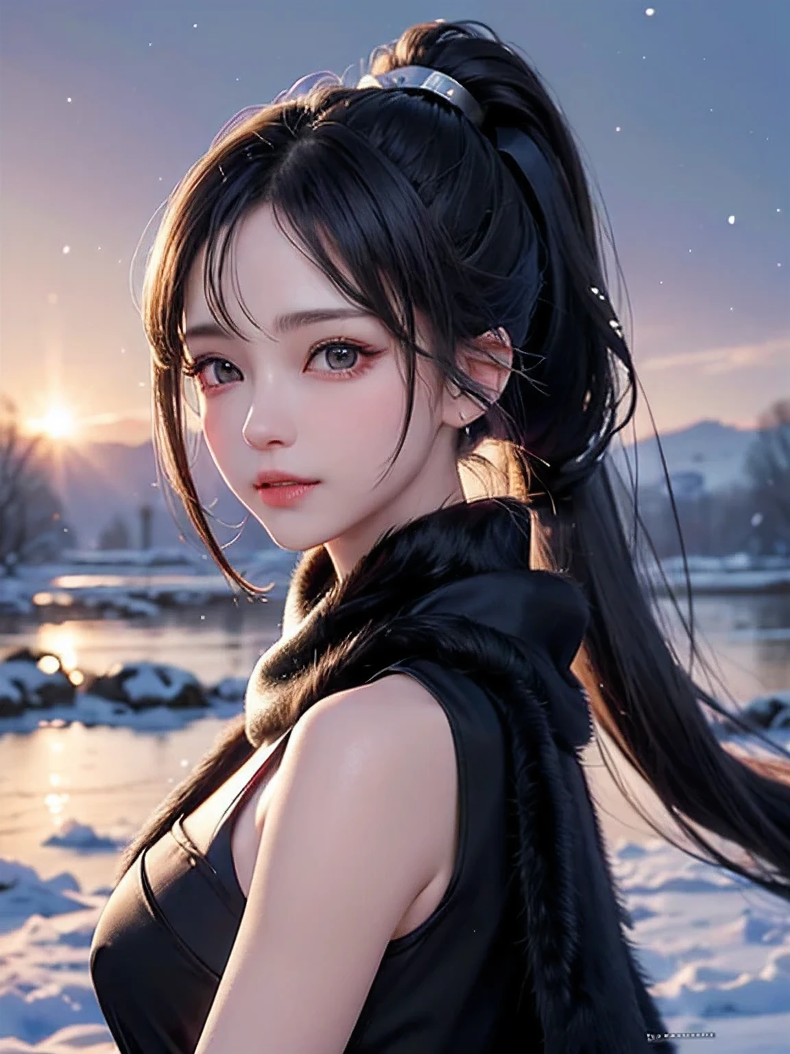 ((Image above the knee))((masterpiece:1.5、8k、Tabletop、Photorealistic and very detailed CG、Very detailed、Particle Effects、Dynamic Effects、Written boundary depth、Cinematic Light、Lens flare、Ray Tracing、Tabletop、Realistic:1.4、超A high resolution:1.2、Realistic、Realistic))((alone、,A woman wearing a black fur coat over a halter dress:1.4、Wearing a long scarf、Elegant woman posing:、Detailed face、Bright expression、young, Brighter, Whiter skin、Ample breasts、Best Looks、Ultimate beauty、Silver hair with shiny highlights、Bright shiny hair,、Super long, Ponytail Hairstyles、Hair dancing in the wind))(morning、The setting is outdoors in the snow、Surrounded by winter illuminations)