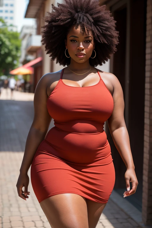 best quality,4k,8k,highres,masterpiece:1.2),ultra-detailed,(realistic,photorealistic,photo-realistic:1.37), HDR, UHD, studio lighting, ultra-fine painting, sharp focus, physically-based rendering, extreme detail description, professional, vivid colors, bokeh, portraits, Africa, young woman, she is 20 well-built, dark skin, standing, 125 kg, red mini dress, beautiful face, brown eyes, curvy figure, walking down the street,pink lips, afro-brazilian woman