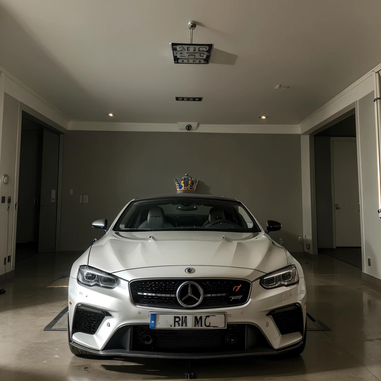 Imagen del interior de un taller de mecatronica. In it there is a high-end car and on one of the walls the initials RDR with a crown are graffitied