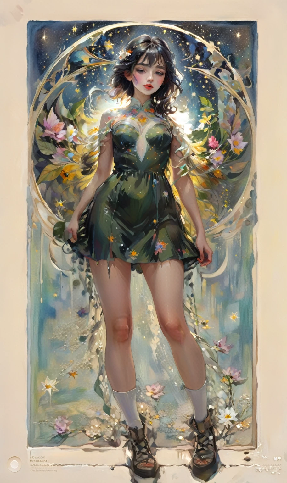 (best quality,actual,high resolution:1.2),pastel tones, painting,Impressionist strokes,from cubism, Fauvism to Surrealism and Abstraction, Beautiful and delicate eyes of a woman,Beautiful and delicate lips,flowing hair, Their artistic concepts and patterns are reflected in the clothing design.starry sky background, High quality, masutepiece, watercolor paiting, Cleaning technology, Colorful, Paint dripping and scattered, Paintings like Agnes Cecil, Blurry, Pale touch, Dirty outlines, Like in a fairy tale, Beautiful woman made of flower coloring, Feminine expression using flowers and plants, Cut and combine petals and leaves, Using flower colors and shapes to draw women's hair or dresses, Bright colors and nature, luminism, 3D Effects, Enhanced beauty, Albert Anker, Feel like John Howe, Greg Rutkowski, ArtGerm, wlop, luminism, isometric, by Yukisakura, awesome full color,