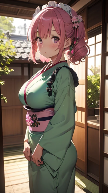 masterpiece、highest quality、Very detailed、Photograph the upper body、1 female、(Put your arms behind your back:1.2)、Are standing、Turn your body forward、View your viewers、(green Japanese kimono waitress)、break,blush、shy、Pink Hair、Open your mouth、Japanese Restaurant、Big Breasts、