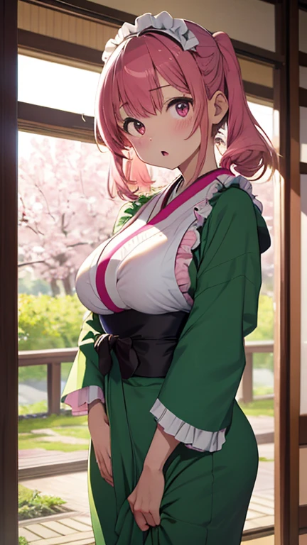 masterpiece、highest quality、Very detailed、Photograph the upper body、1 female、(Put your arms behind your back:1.2)、Are standing、Turn your body forward、View your viewers、(green Japanese kimono maid costume)、break,blush、shy、Pink Hair、Open your mouth、Japanese Restaurant、Big Breasts、