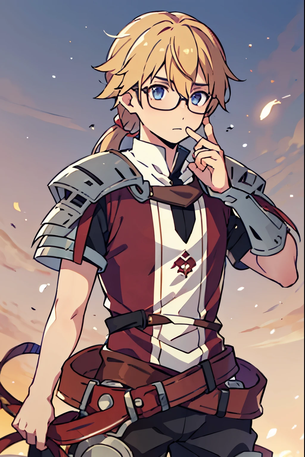 Large medieval kingdom in the background, old mature male, dark blonde hair, blonde hair, ponytail, blue eyes, bright eyes, glasses, 26 years old, tall, medieval armor, light armor, (((red armor:1.0))), Mystical armor, Golden details on the armor, elsword style armor, Neutral face, cowboy shot, high resolution:1.2, best quality, master part, daylight, Reflection of lens, upper body shot