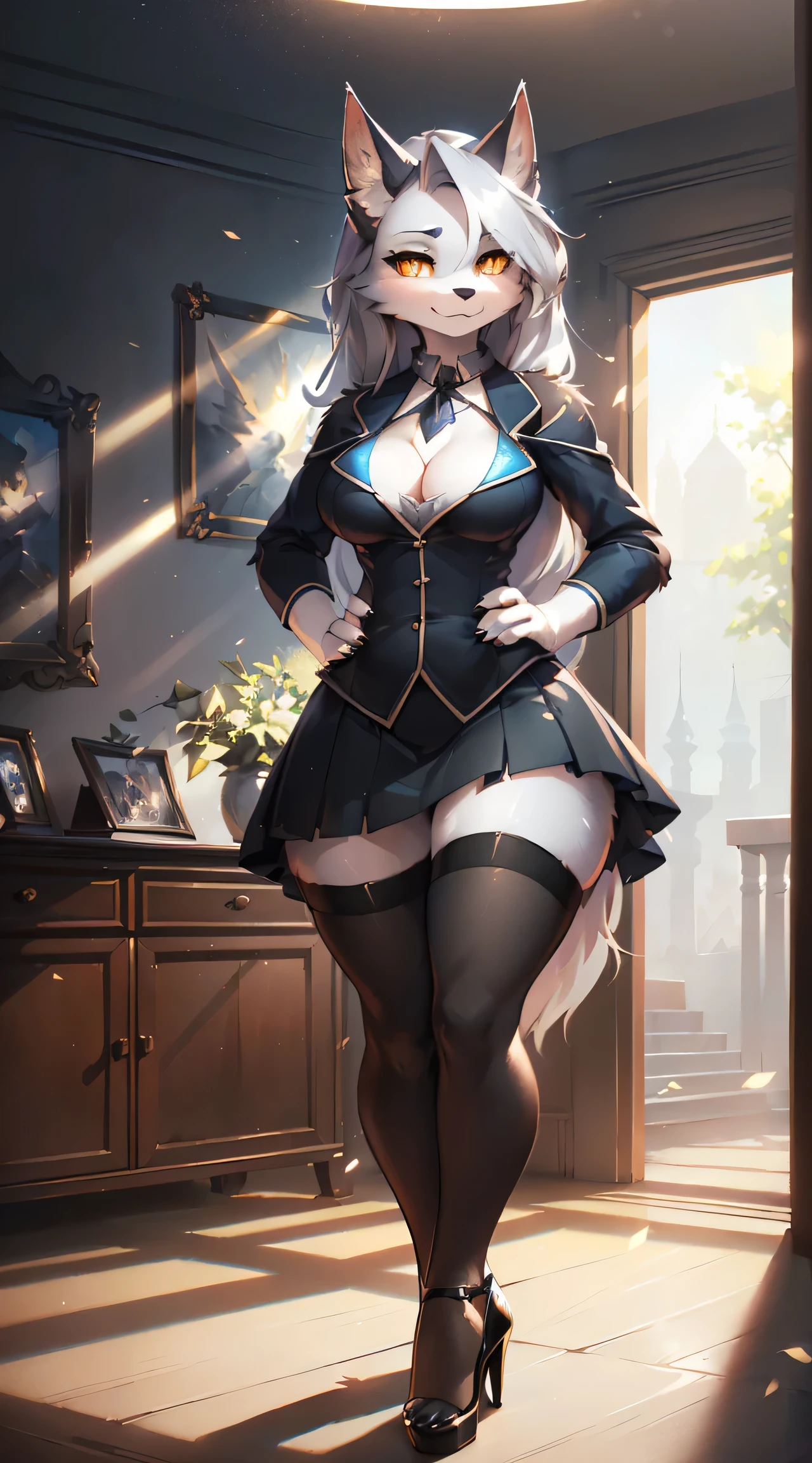 uploaded on e621, by Pixelsketcher, by Bayard Wu, by Thomas Benjamin Kennington, by Einshelm, solo anthro, ((Portrait)), ((Wear a three piece sating skirt suit with cleavage)), brown glasses, (detailed Bonifasko lighting), Nature Purity, (Detailed fur), (detailed skin), BREAK, (hands on the waist), ((facing viewer)), (Cinematic lighting), ((Detailed background)), (half body shadow), [Backlighting], [crepuscular ray], [Detailed ambient light], [gray natural lighting], (higher wildlife feral detail), [explict content], [sharp-focus], (shaded), ((Masterpiece), medium Breasts, loona, furry fantasy art, anthro art, commission for high res, Furry art, pov furry art, Sakimichan is beautiful, Masterpiece, large breasts, Best Quality, Detailed image, Bright colors, Detailed Face, perfect lighting, Perfect shadows, Perfect eyes, focus on girl, flawless face, golden eyes, gorgeous body, Hourglass body, shiny body, feet focus, Girl loona, Fluffy, fluffy woman, Body fur, Animal nose, toned fur, gaze at the viewer, half closed eyes, 1girl, full body, (Masterpiece:1.2), (Best Quality:1.2), (illustartion:1.2), (Cinematic lighting:1.3), Detailed fur, Balanced coloring, Global Illumination, Ray Tracing, good lighting, Furry, anthro, showing wide hips, attractive body, sexy body, looking a viewer, seductive gaze, thick-thighs, fit body, Best Stockings, (high heels), Suggested Pose, Seductive Leg Pose,