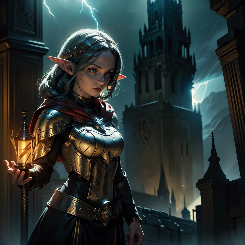 high details, best quality, 8k, [ultra detailed], masterpiece, best quality, (extremely detailed), dynamic angle, ultra wide shot, photorealistic, fantasy art, dnd art, rpg art, realistic art, an ultra wide picture of female elf cleric, holding a hammer, hammer in ligor with lightning sigils (1.5 intese details, Masterpiece, best quality), red cloak (1.5 intricate details, Masterpiece, best quality), holy htning, casting a spell, yellow magical lightning (1.5 intricate details, Masterpiece, best quality), wearing black armor, plate mail armor, elven armsymbol, blue light from symbol, black hair (1.5 intese details, Masterpiece, best quality), short hair, small pointed eard, intense eyes, green eyes, D&D female elf (1.5 intricate details, Masterpiece, best quality) fantasy temple background, lightning storm background, ((divine worship atmosphere)), high details, best quality, highres, ultra wide angle