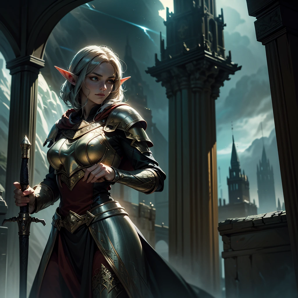 high details, best quality, 8k, [ultra detailed], masterpiece, best quality, (extremely detailed), dynamic angle, ultra wide shot, photorealistic, fantasy art, dnd art, rpg art, realistic art, an ultra wide picture of female elf cleric, holding a hammer, hammer in ligor with lightning sigils (1.5 intese details, Masterpiece, best quality), red cloak (1.5 intricate details, Masterpiece, best quality), holy htning, casting a spell, yellow magical lightning (1.5 intricate details, Masterpiece, best quality), wearing black armor, plate mail armor, elven armsymbol, blue light from symbol, black hair (1.5 intese details, Masterpiece, best quality), short hair, small pointed eard, intense eyes, green eyes, D&D female elf (1.5 intricate details, Masterpiece, best quality) fantasy temple background, lightning storm background, ((divine worship atmosphere)), high details, best quality, highres, ultra wide angle