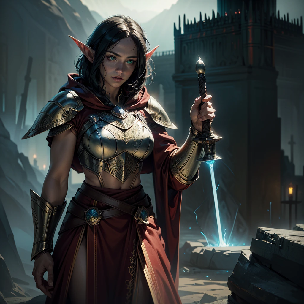 high details, best quality, 8k, [ultra detailed], masterpiece, best quality, (extremely detailed), dynamic angle, ultra wide shot, photorealistic, fantasy art, dnd art, rpg art, realistic art, an ultra wide picture of female elf cleric, holding a hammer, hammer in ligor with lightning sigils (1.5 intese details, Masterpiece, best quality), red cloak (1.5 intricate details, Masterpiece, best quality), holy htning, casting a spell, yellow magical lightning (1.5 intricate details, Masterpiece, best quality), wearing black armor, plate mail armor, elven armsymbol, blue light from symbol, black hair (1.5 intese details, Masterpiece, best quality), short hair, small pointed eard, intense eyes, green eyes, D&D female elf (1.5 intricate details, Masterpiece, best quality) fantasy temple background, lightning storm background, ((divine worship atmosphere)), high details, best quality, highres, ultra wide angle