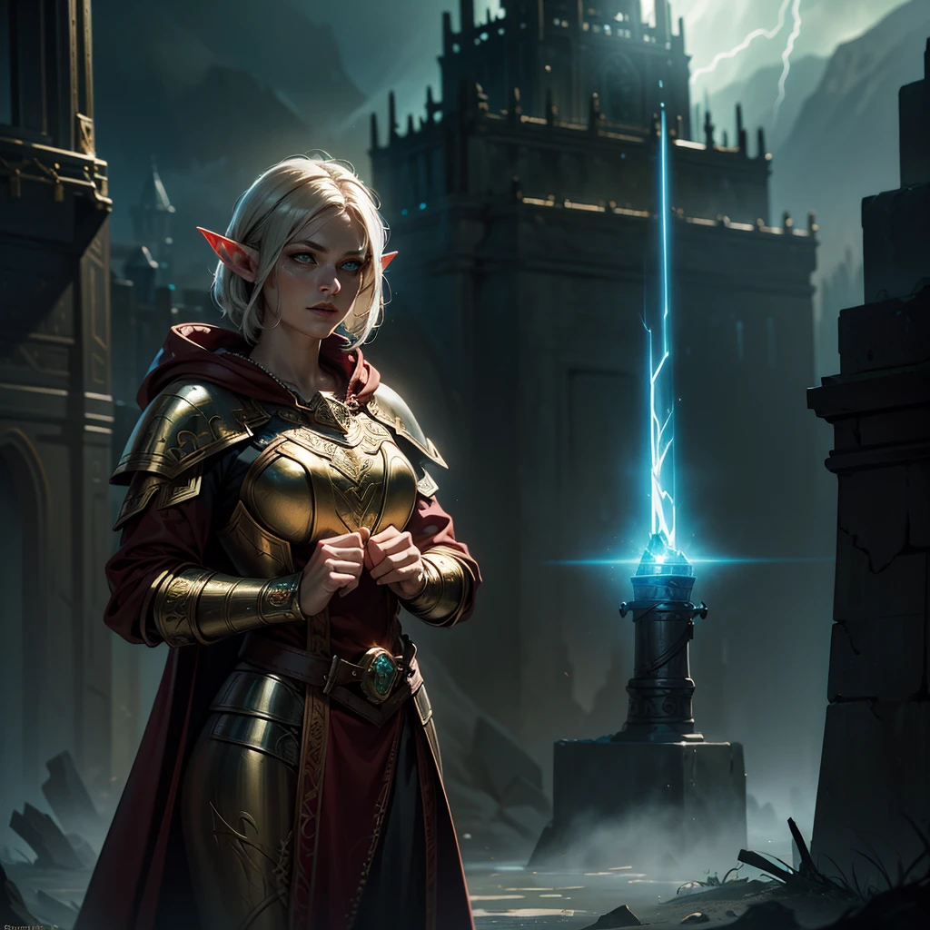 high details, best quality, 8k, [ultra detailed], masterpiece, best quality, (extremely detailed), dynamic angle, ultra wide shot, photorealistic, fantasy art, dnd art, rpg art, realistic art, an ultra wide picture of female elf cleric, holding a hammer, hammer in ligor with lightning sigils (1.5 intese details, Masterpiece, best quality), red cloak (1.5 intricate details, Masterpiece, best quality), holy htning, casting a spell, yellow magical lightning (1.5 intricate details, Masterpiece, best quality), wearing black armor, plate mail armor, elven armsymbol, blue light from symbol, black hair (1.5 intese details, Masterpiece, best quality), short hair, small pointed eard, intense eyes, green eyes, D&D female elf (1.5 intricate details, Masterpiece, best quality) fantasy temple background, lightning storm background, ((divine worship atmosphere)), high details, best quality, highres, ultra wide angle