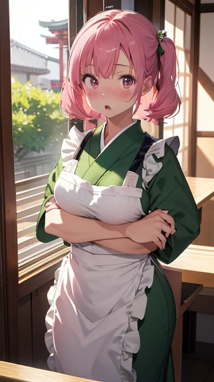 masterpiece、highest quality、Very detailed、Photograph the upper body、1 female、(Put your arms behind your back:1.4)、Are standing、Turn your body forward、View your viewers、(green Japanese kimono maid,White apron)、break,blush、shy、Pink Hair、Open your mouth、Japanese Restaurant、Big Breasts、