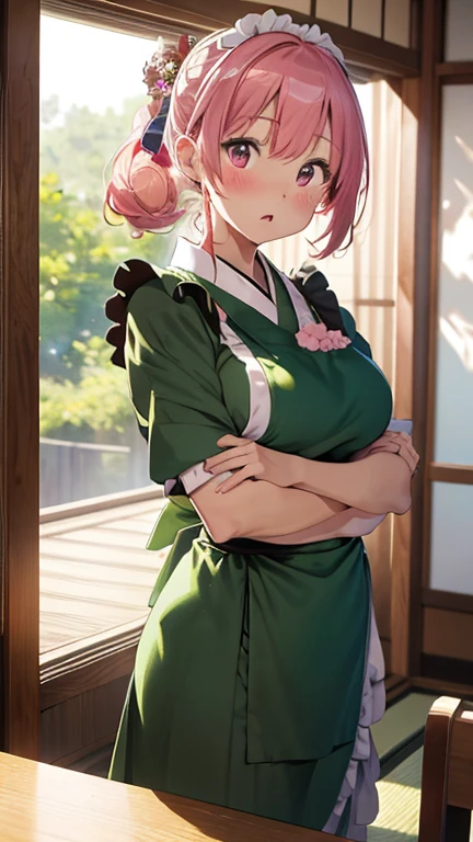 masterpiece、highest quality、Very detailed、Photograph the upper body、1 female、(Put your arms behind your back:1.2)、Are standing、Turn your body forward、View your viewers、(green Japanese kimono maid costume,apron)、break,blush、shy、Pink Hair、Open your mouth、Japanese Restaurant、Big Breasts、