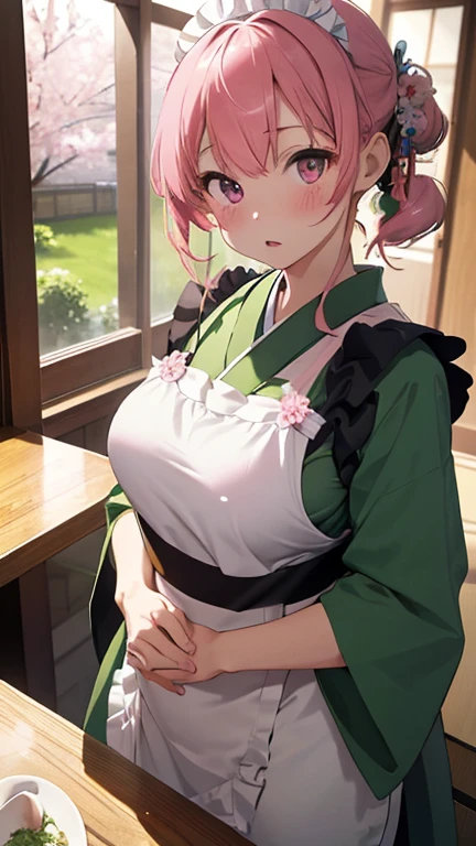 masterpiece、highest quality、Very detailed、Photograph the upper body、1 female、(Put your arms behind your back:1.2)、Are standing、Turn your body forward、View your viewers、(green Japanese kimono maid costume,apron)、break,blush、shy、Pink Hair、Open your mouth、Japanese Restaurant、Big Breasts、