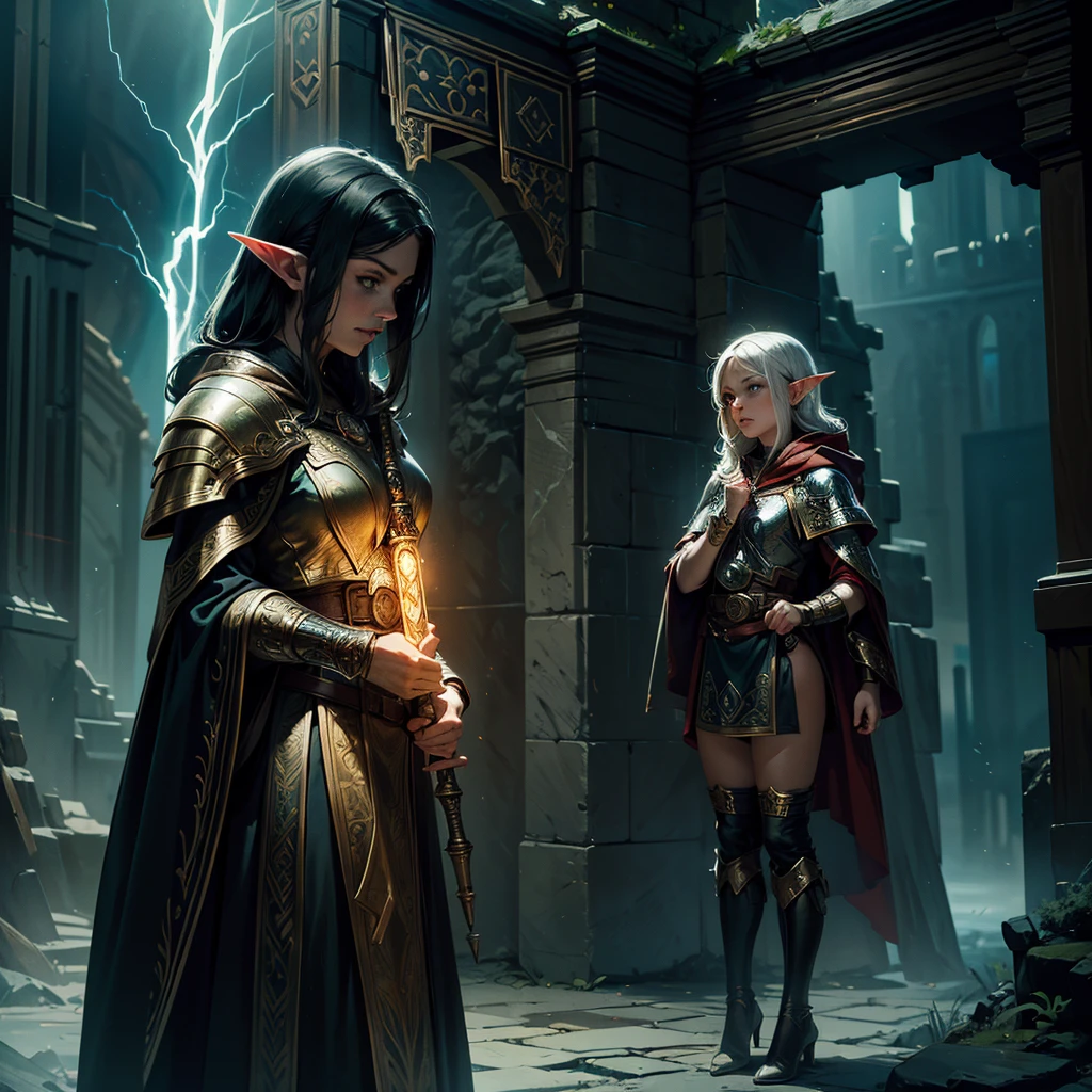 high details, best quality, 8k, [ultra detailed], masterpiece, best quality, (extremely detailed), dynamic angle, ultra wide shot, photorealistic, fantasy art, dnd art, rpg art, realistic art, an ultra wide picture of female elf cleric, holding a hammer, hammer in ligor with lightning sigils (1.5 intese details, Masterpiece, best quality), red cloak (1.5 intricate details, Masterpiece, best quality), holy htning, casting a spell, yellow magical lightning (1.5 intricate details, Masterpiece, best quality), wearing black armor, plate mail armor, elven armsymbol, blue light from symbol, black hair (1.5 intese details, Masterpiece, best quality), short hair, small pointed eard, intense eyes, green eyes, D&D female elf (1.5 intricate details, Masterpiece, best quality) fantasy temple background, lightning storm background, ((divine worship atmosphere)), high details, best quality, highres, ultra wide angle