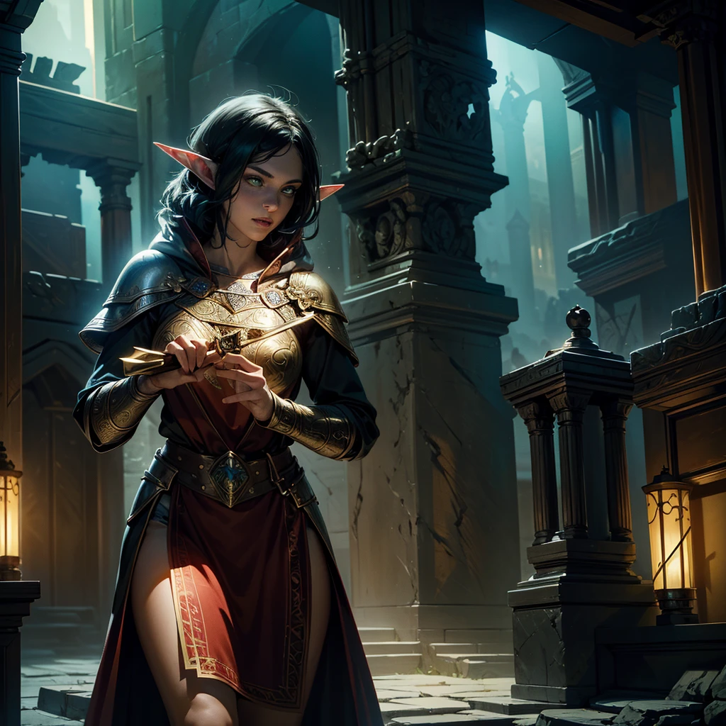 high details, best quality, 8k, [ultra detailed], masterpiece, best quality, (extremely detailed), dynamic angle, ultra wide shot, photorealistic, fantasy art, dnd art, rpg art, realistic art, an ultra wide picture of female elf cleric, holding a hammer, hammer in ligor with lightning sigils (1.5 intese details, Masterpiece, best quality), red cloak (1.5 intricate details, Masterpiece, best quality), holy htning, casting a spell, yellow magical lightning (1.5 intricate details, Masterpiece, best quality), wearing black armor, plate mail armor, elven armsymbol, blue light from symbol, black hair (1.5 intese details, Masterpiece, best quality), short hair, small pointed eard, intense eyes, green eyes, D&D female elf (1.5 intricate details, Masterpiece, best quality) fantasy temple background, lightning storm background, ((divine worship atmosphere)), high details, best quality, highres, ultra wide angle