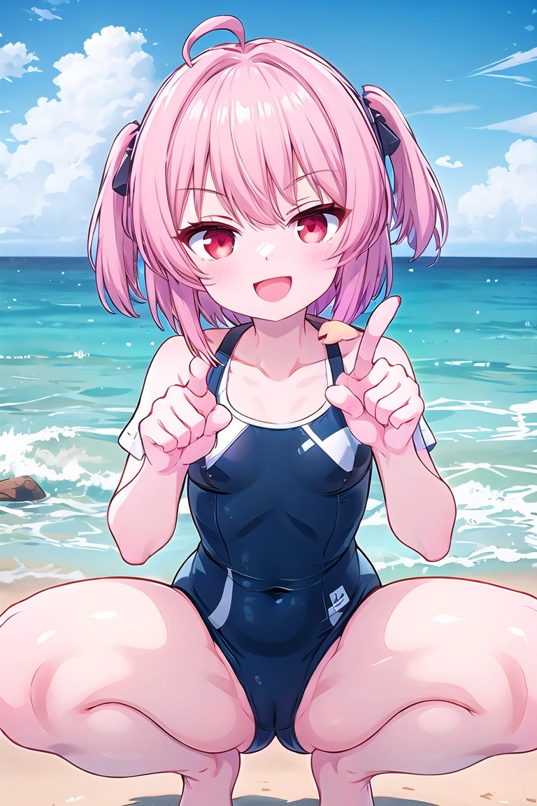 fritia ignis, smile, pointing with the finger, black swimsuit, beach background, ahoge, open mouth, red eyes, squat, short hair