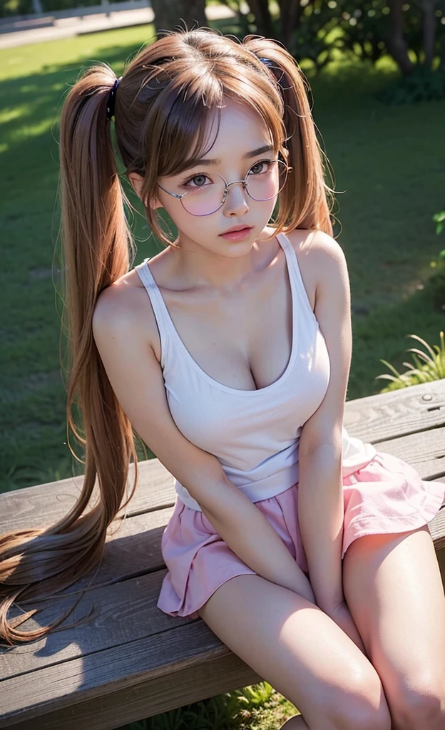 Masterpiece, perfect facial features, highly detailed face, highly detailed, 1 girl solo, 18 years old woman, shy, pink blushes, eye glasses, against the garden's park, sunset, dark skies, sitting on bench, twintails hair, hair bangs, white tank top with thin strap, cleavage, mini skirt, thighs, knees,