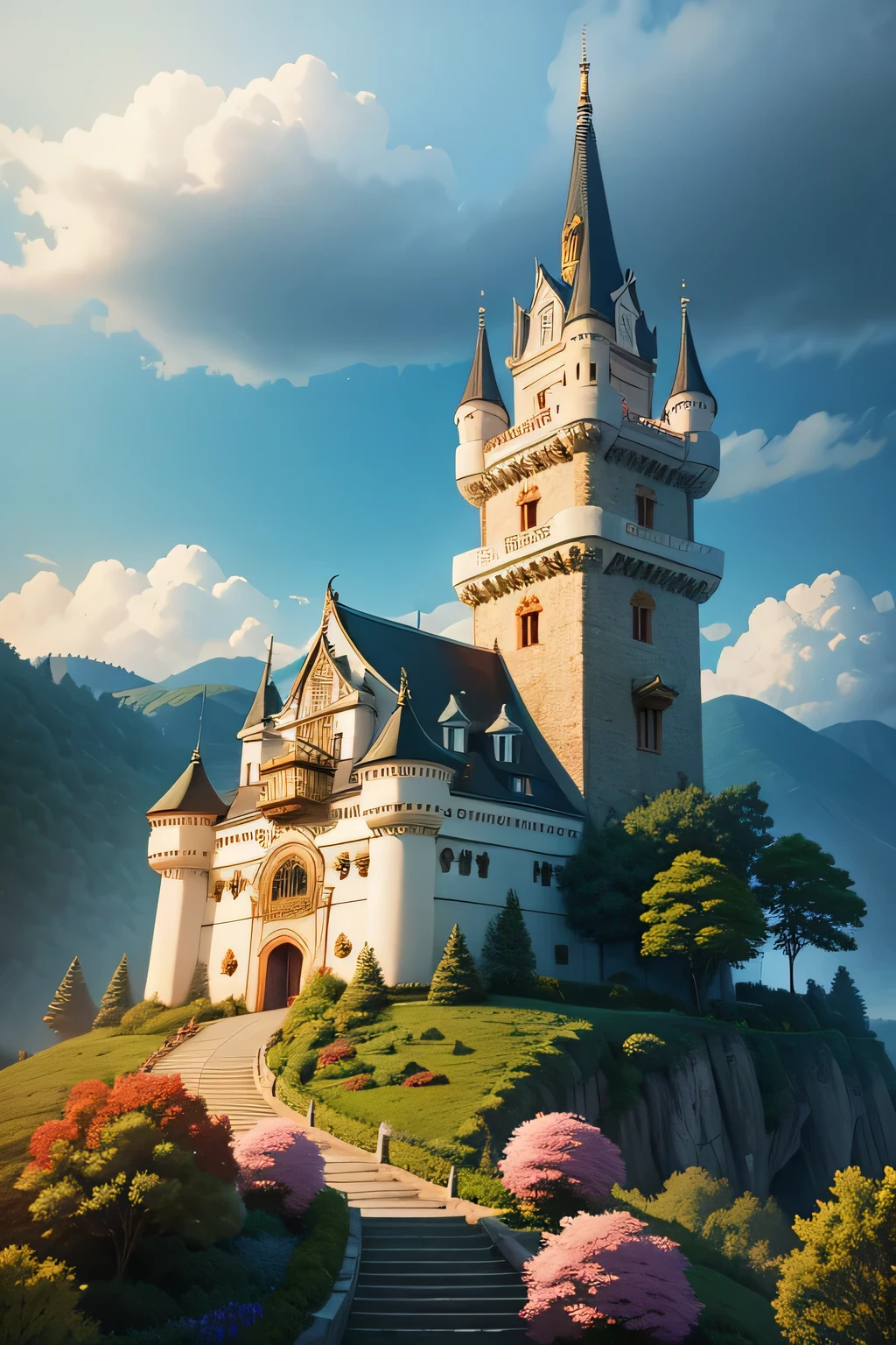 Dream Castle,Close-up of the castle,There are many flowers in the foreground, Magic Castle school on a hill, Beautiful castle, Magic Castle, Medieval fantasy town, Castle Background, fairytale place, Beautiful and detailed fantasy, Fairy tale style background, fantasy is very detailed, Beautiful fairy tale, Feiyun Castle, fantasy,charming