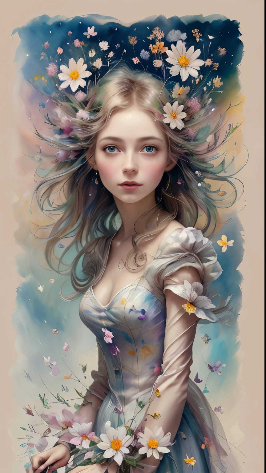 (best quality,actual,high resolution:1.2),pastel tones, painting,Impressionist strokes,from cubism, Fauvism to Surrealism and Abstraction, Beautiful and delicate eyes of a woman,Beautiful and delicate lips,flowing hair, Their artistic concepts and patterns are reflected in the clothing design.starry sky background, High quality, masutepiece, watercolor paiting, Cleaning technology, Colorful, Paint dripping and scattered, Paintings like Agnes Cecil, Blurry, Pale touch, Dirty outlines, Like in a fairy tale, Beautiful woman made of flower coloring, Feminine expression using flowers and plants, Cut and combine petals and leaves, Using flower colors and shapes to draw women's hair or dresses, Bright colors and nature, luminism, 3D Effects, Enhanced beauty, Albert Anker, Feel like John Howe, Greg Rutkowski, ArtGerm, wlop, luminism, isometric, by Yukisakura, awesome full color,