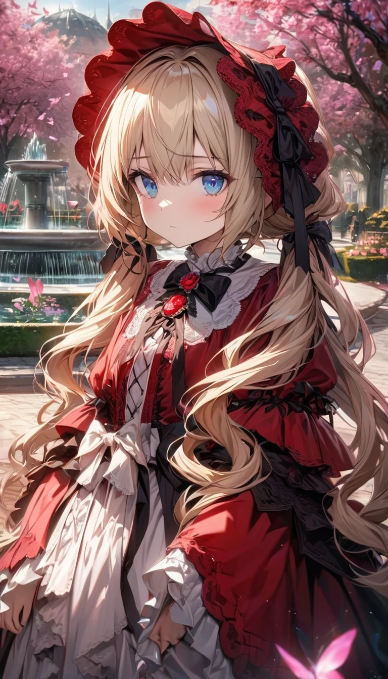 absurdres, highres, ultra detailed, HDR, master piece, ultra detailed picture, extremely detailed face and eyes, Shinku, light blonde hair kept in two long twin tails tied at the back of her head, expressive blue eyes, Rozen Maiden, solo, woman, extremely beautiful, pink flowers, park, fountain, pink trees, pink butterflies, she wears a red gown with a matching shawl and bonnet as accessories, her bonnet is fastened with a black ribbon, which is tied into a bow at her neck and held in place with a red rose brooch